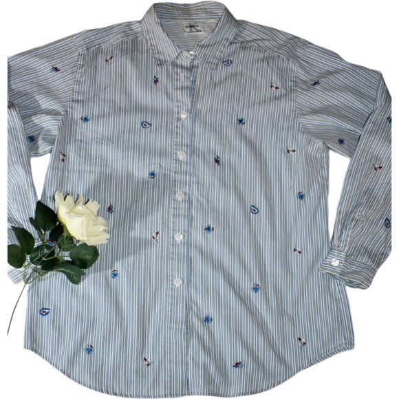 Ladies Stephanie K pinstripe embroidered long sleeve button down shirt fall nice - Picture 5 of 10